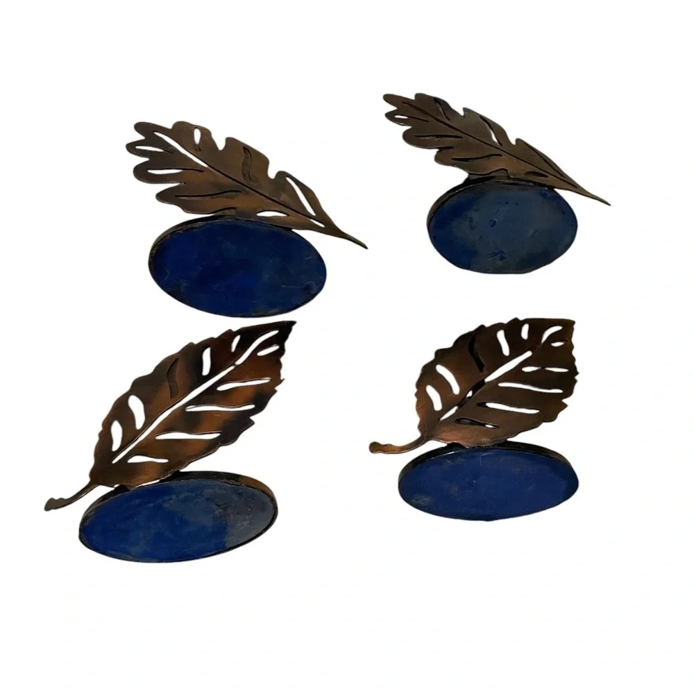 Set Of 4 Elements Leaf Design Metal Votive‎ Candle Holders, Copper Color